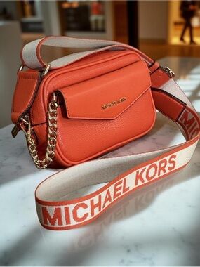 Michael Kors Coral-Orange Pebbled Leather Crossbody with Logo Strap